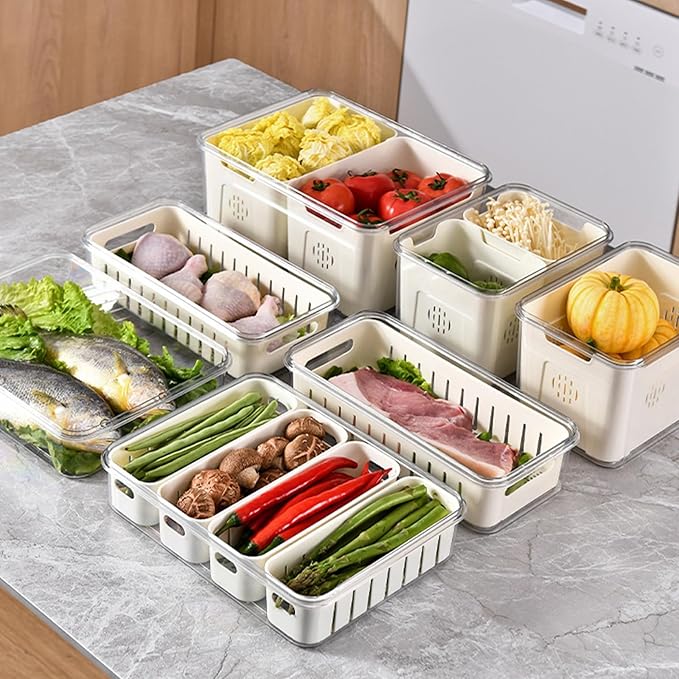 Salad Bar Containers for Fridge with Lid and Handle, Fruit Storage Containers with 4 Removable Colanders, Berry Box Fresh Produce Saver for Fruit, Veggie, Refrigerator, Kitchen, Picnic, 2 Pack