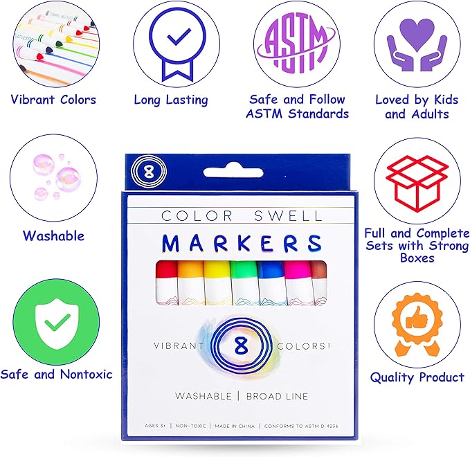 Color Swell 8-Pack Broad Line Markers – Washable, Non-Toxic, Ideal for Kids, Students, Adults, and Classroom Activities