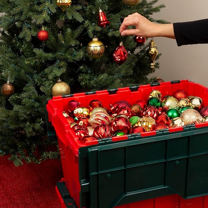 Akro-Mils KeepBox 12 Gallon Storage Container, Nesting and Stackable Plastic Storage Box with Lid Attached, Clear Tote for Garages, Closets, and Moving, 21-1/2" x 15" x 12-1/2", Red/Green