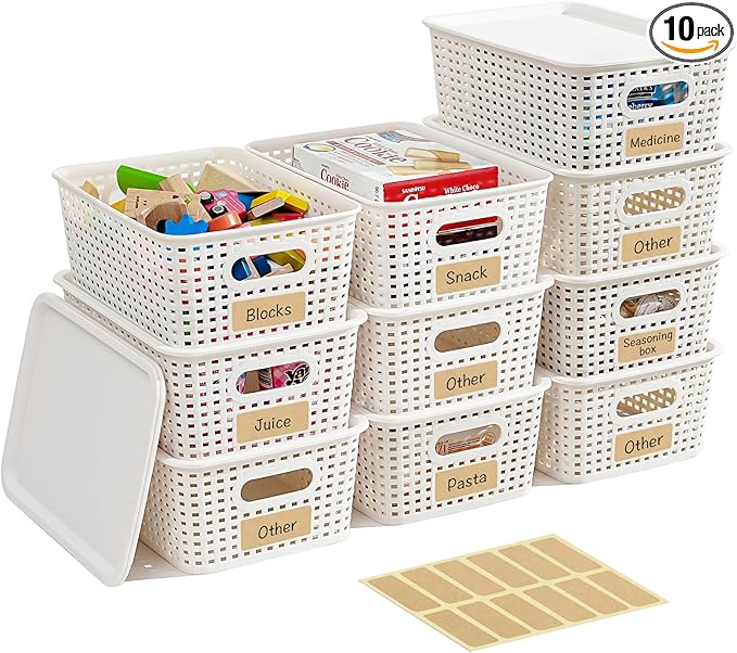 10 Pack Plastic Storage Bins with Lids, Stackable Storage Baskets with Handles, Plastic Organizer Bins with Labels for Desk,Shelves,Office, PlasticContainer Bins for Pantry Organizers and Storage