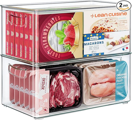 2 Pack Clear Freezer Organizer Bins Stackable Storage Bins with Side Handles for Kitchen Pantry Cabinet Organzation and Storage