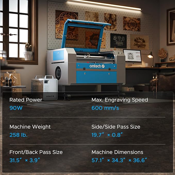 OMTech 90W CO2 Laser Engraver, 28"x20" Cutting & Engraving Machine with Autofocus, Air Assist, 4-Way Pass, Autolift, RDWorks, for Wood, Glass, Acrylic, Leather, Cardboard