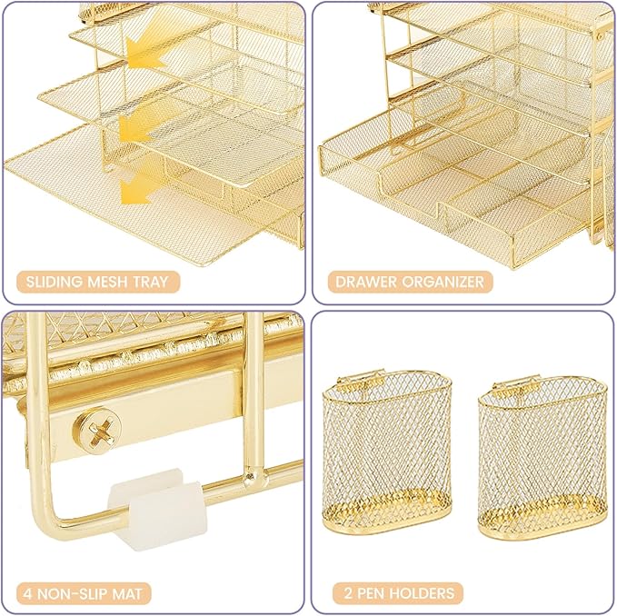 Desk Organizers and Accessories, 5-Tier Paper File Organizer with Drawer & Pen Holder, Office Desk Accessories Workspace Desktop Organizer for Office Supplies(Gold)