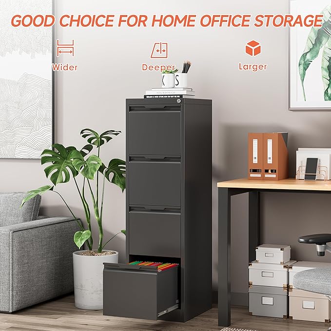 4 Drawer File Cabinet with Lock,17.8" Deep Vertical Metal Filing Cabinet for Home Office,Locking Drawer Tall for Hanging Letter/A4/Legal Folders, Easy Assemble-Black