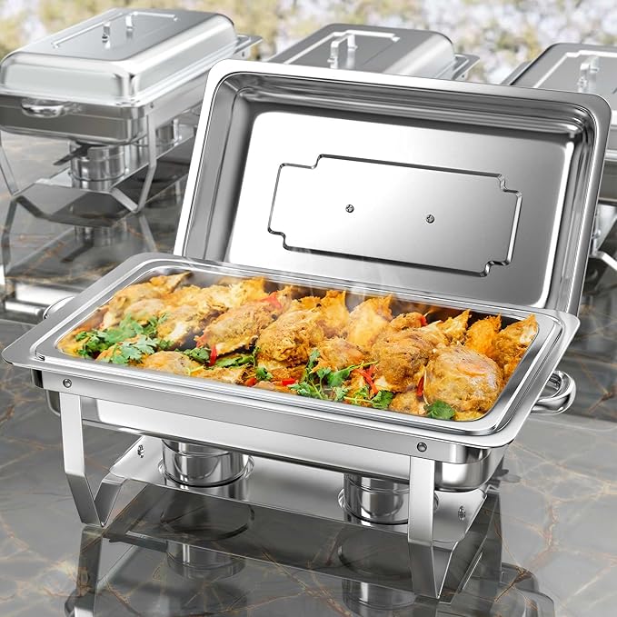 Rengue 9.5 QT Chafing Dishes, 4 Pack High Premium Stainless Steel Complete Set, Rectangular Chafing Dish Buffet Set, Heating and Cooling Chafing Dish for Gatherings Banquet, Buffet, Party, Wedding