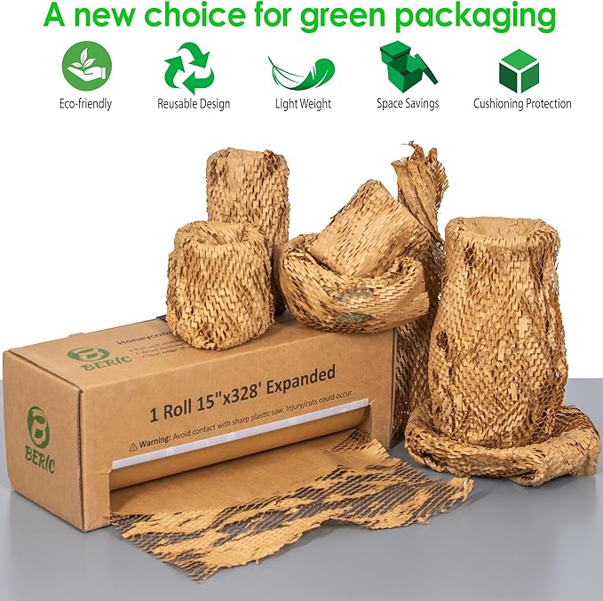 Beric Honeycomb Paper Cushioning Wrap - Packing - Shipping Supplies - Packing Paper - Boxes For Packaging - Alternative To Bubble Wrap Roll - Packing Paper For Moving - 15" X 328'