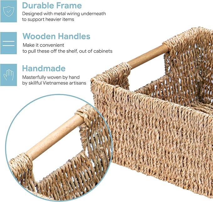 Large Natural Wicker Basket Rectangular with Wooden Handles, Seagrass Storage for Organizing, Shelves 15.5 x 10.6 x 5.5 inches
