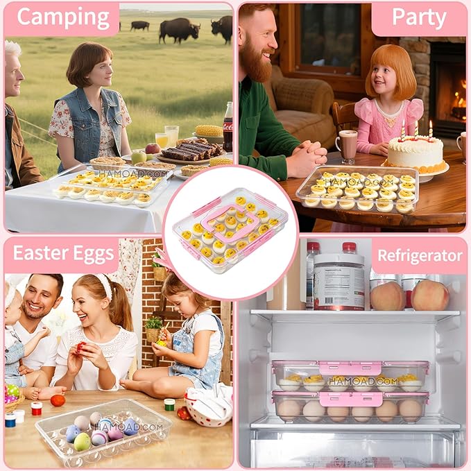 Deviled Egg Containers with Lid and Handle, Durable Clear Plastic Deviled Egg Carrier Storage 24 Eggs, Stackable Egg Holder for Fridge, Portable Tray Platter for Party & Picnics-1 Pack Pink