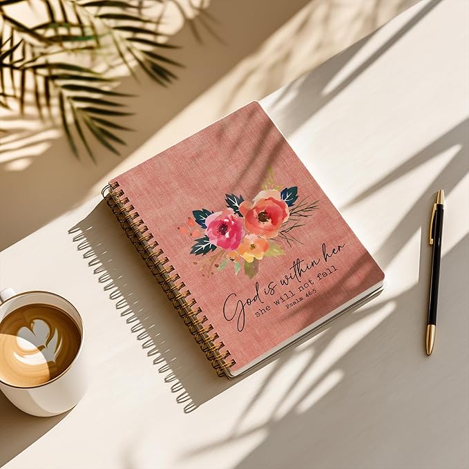 Bible Notebook, A5 Spiral Christian Journal Pink Floral Notebook, Bible Verse-God is Within Her She Will Not Fall, Inspirational Notebooks for Women, Bible Study, Gift for Birthday Christmas