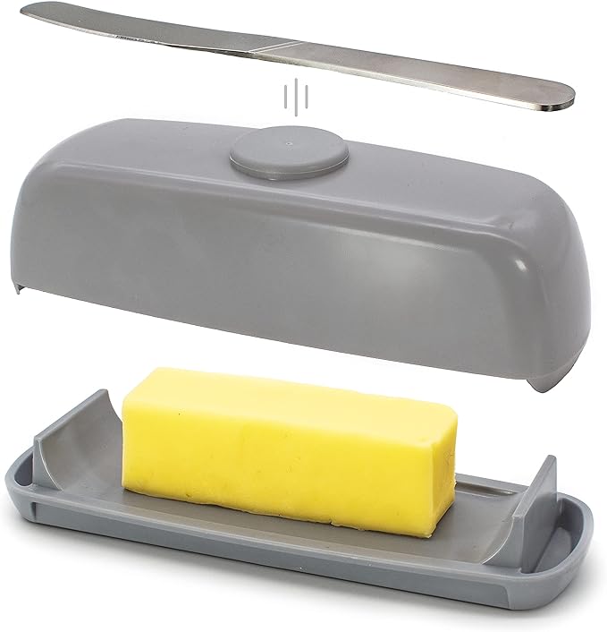 Butter Hub Butter Dish with Lid and Knife, Magnetic Butter Keeper, Easy Scoop, No Mess Lid, Plastic, Dishwasher Safe (Grey)