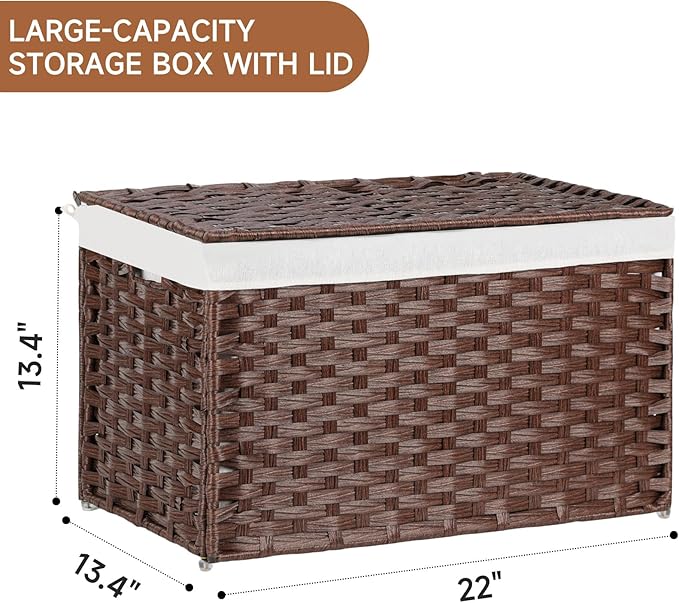 Large Storage Basket with Lids Handmade Woven Storage Basket for Organizing Blanket, 22"*13.4"*13.4"Foldable Storage Bin with Handles, Removable Liner, Basket for Bedroom, Laundry Room, Home(Brown)