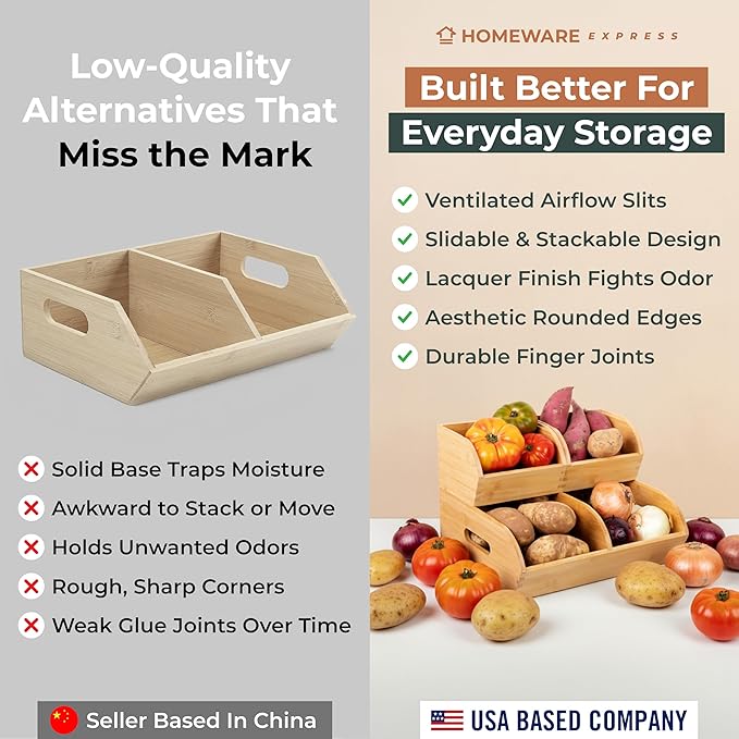 Potato and Onion Storage Bin for Pantry and Kitchen Counter - Ventilated Stackable Bamboo Organizer Baskets with Handles - Multipurpose Organization Containers for Fruit, Vegetable, Pantry - 3 Pack