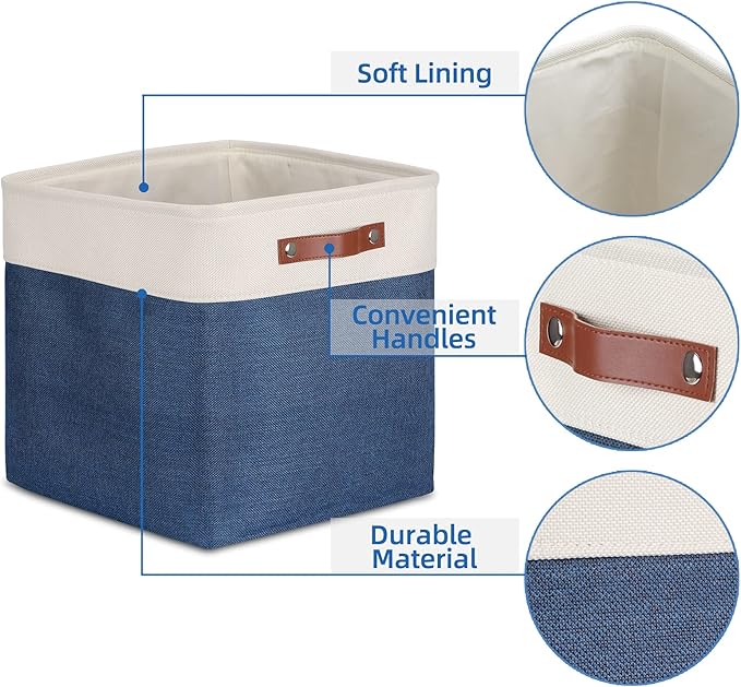 Temary Blue Storage Baskets for Shelves 13 Inch Cube Storage Bins 4Pack Fabric Cubes Basket with Handles for Organizing Shelf Baskets for Home Office Closet (White&Blue)