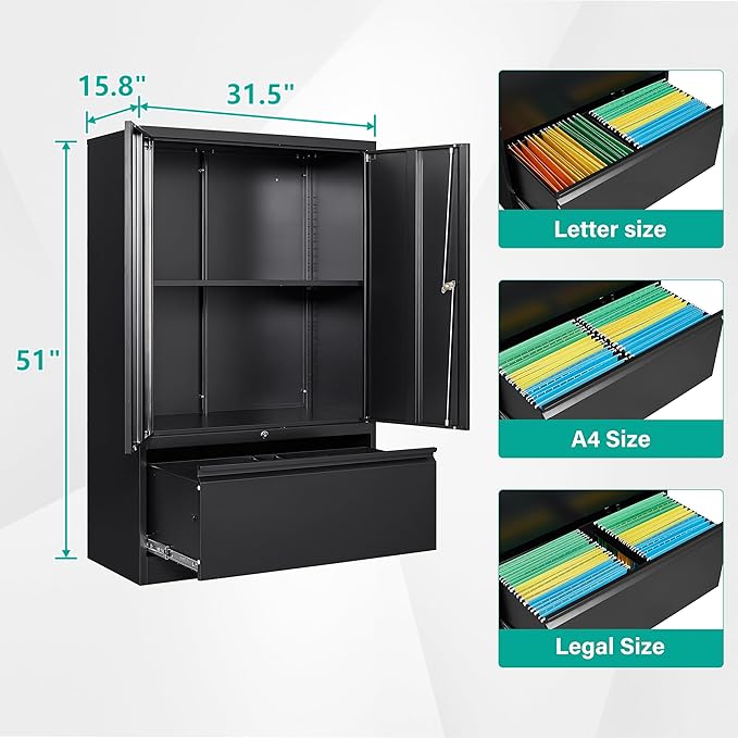 SISESOL Black Lateral File Cabinet with Lock,51" Locking Filing Cabinet with Doors and Shelves,Metal Storage Cabinets with Drawer for Home,Office,Garage,School,Fit A4/Letter/Legal File (1 Drawer)
