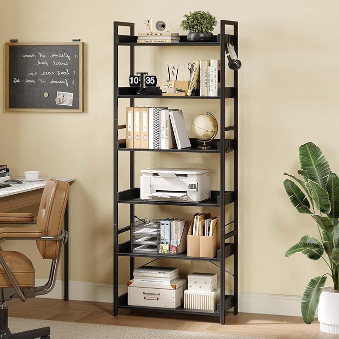 Rolanstar Bookshelf 6 Tier with 4 Hooks, Industrial Wood Bookcase, Vintage Storage Rack with Open Shelves, Rustic Standing Bookshelves Metal Frame Display Rack for Living Room, Bedroom, Black