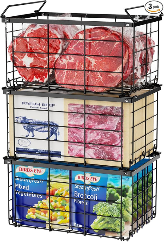 iSPECLE Freezer Organizer Bins - 3 Pack Large Deep Freezer Organizer Bins for 5 to 7 Cu.Ft Chest Freezer, Stackable Easy Access Food No More Digging, Sturdy Metal Wire Basket Not Scratch Bottom, Black