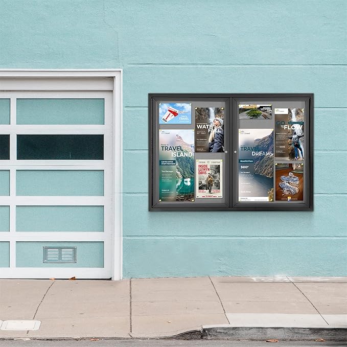 Enclosed Bulletin Board Outdoor Noticeboard with Locking Door, Weather-Resistant, Grey Felt, Black Aluminum Frame, 48 x 34 in