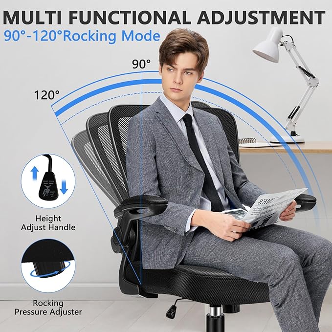 Desk Chairs with Wheels, Ergonomic Mesh Office Chair Adjustable Height and Swivel Lumbar Support Home Office Chair with Flip Up Armrests, Set of 2