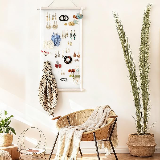 Mesh Earring Organizer with Wooden Rods Hanging Jewelry Display Holder for Earring Necklaces Bracelet Gift 13.7 * 23.6 Inches