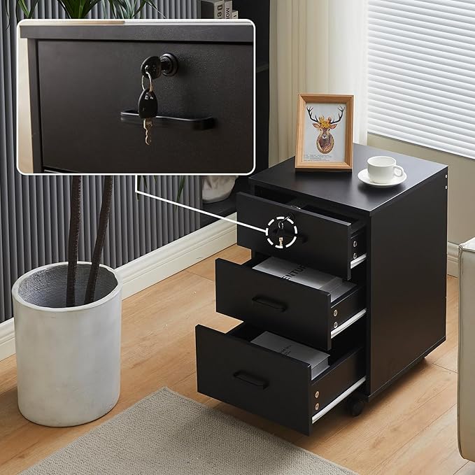 File Cabinet with Lock 3 Drawer Mobile Filing Cabinet with 360° Swivel Wheels, Under Desk Storage Cabinet Wooden File Organizer for Legal/Letter/A4 Documents, Home Office Storage (Black)