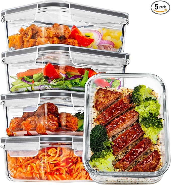 Vtopmart 5Pack 30oz Glass Storage Containers with Lids, Glass Meal Prep Food Container Sets with Snap Airtight Lids for Microwave, Oven, Freezer and Dishwasher, Grey
