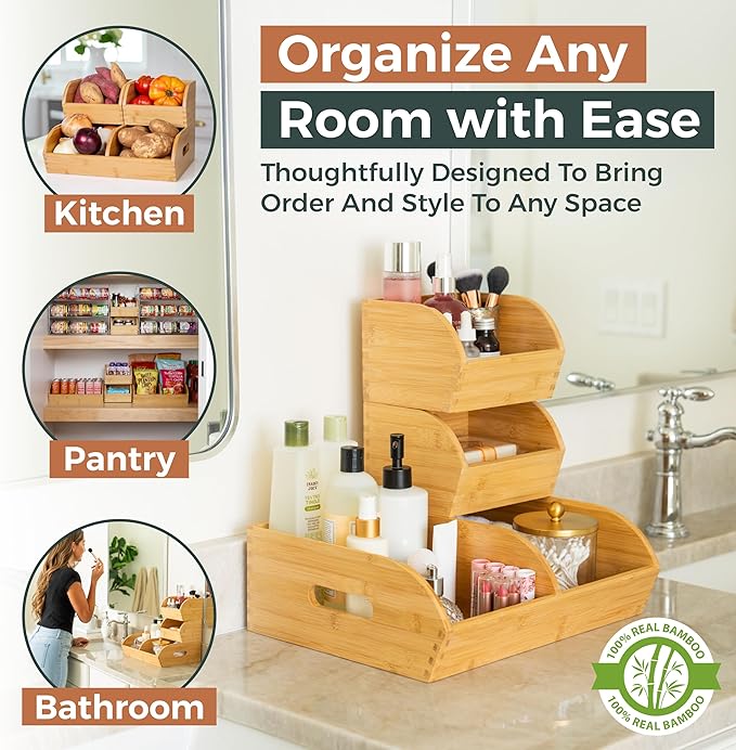 Potato and Onion Storage Bin for Pantry and Kitchen Counter - Ventilated Stackable Bamboo Organizer Baskets with Handles - Multipurpose Organization Containers for Fruit, Vegetable, Pantry - 3 Pack