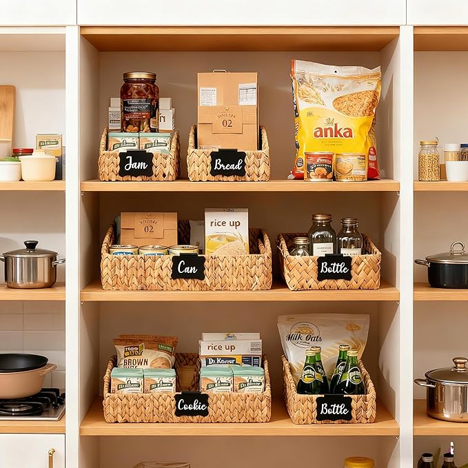 Pantry Organizers, Wicker Baskets for Organizing with Handles, Handwoven Wicker Storage Basket, Water Hyacinth Storage Bins Baskets for Shelves, Boho Decoration, 3 Pack,Natural