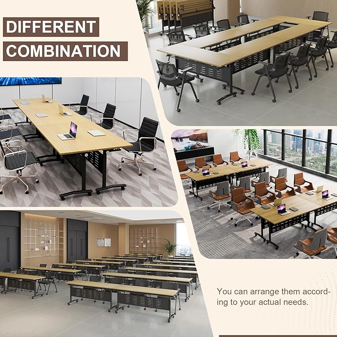 Folding Conference Room Table, Modern Conference Tables with Wheels, Large Rectangular Mobile Training Tables for Office Classroom, Foldable Modular Boardroom Seminar Table Maple (8pack L47.2in)