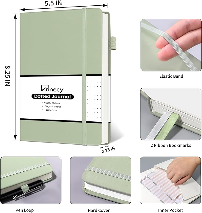 Annecy Numbered Bullet Dotted Journal Notebook, Medium 5.5x 8.25, 160 Pages 100GSM Writing Paper, A5 Grey Green Faux Leather Cover with Pen Loop