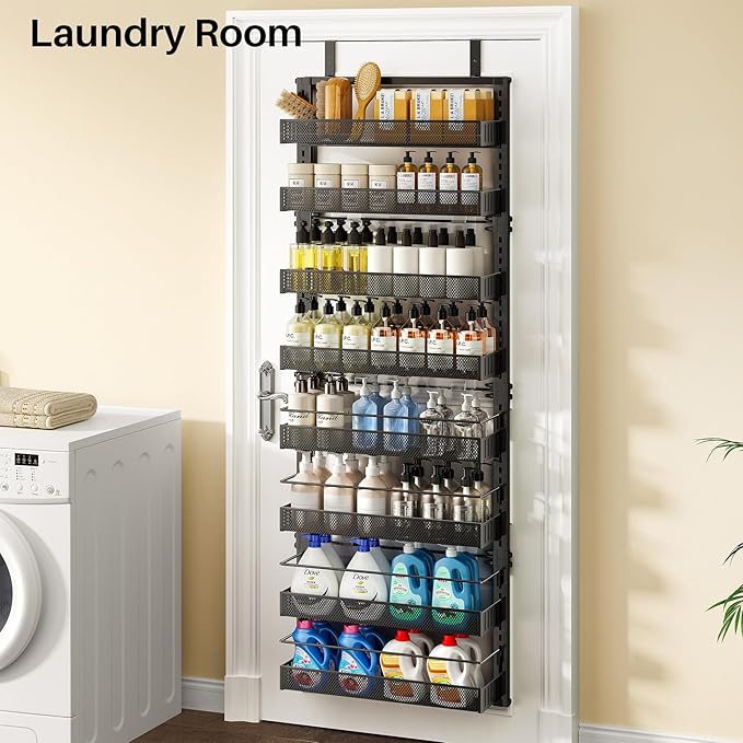 SNTD Over the Door Pantry Organizer - 8 Tier Adjustable Pantry Door Spice Organizer, Large Capacity Hanging Door Spice Rack for Kitchen Pantry Organizers and Storage (Black, 17" W x 6" D x 69" H)