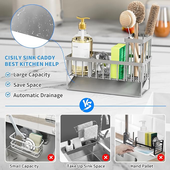 Cisily Sink Caddy Organzier with High Brush Holder, Sponge Holder for Sink, 304 Rustproof Stainless, Kitchen Countertop Soap Dispenser Organizer, Gray Kitchen Decor and Accessories