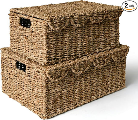 KOKODO Set of 2 Scalloped Wicker Baskets – Handwoven Rectangular Seagrass Storage Baskets with Lid and Handles for Organizing, Living Room & Shelf Décor – Decorative Rattan Organizing Bins