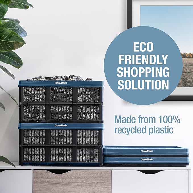 CleverMade Collapsible Utility Crates-Obsidian 1pck 45L / 11 Gal holds 66 lbs - Stackable Containers Heavy Duty Capacity Crates - Space-Saving Baskets