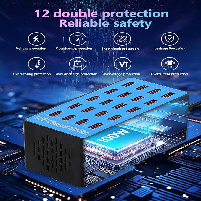 100W 20-Port Multi-Device USB Charging Station - Supports simultaneous Charging for Smartphones, Tablets, smartwatches and Other USB-Powered Devices.(20 Port Charger Station-Blue)