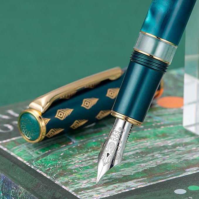 Hongdian N7 Blue Peacock Fountain Pen Resin Piston, Iridium Medium Nib Classic Pen, Smooth Writing Pen with Metal Box