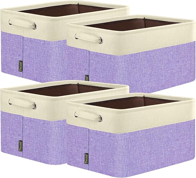 BALEINE 4 Pack Fabric Storage Bins for Shelves, Linen Storage Baskets for Organizing, Decorative Closet Bins for Clothes, Home (Lavender, 14''x10''x8.5'')