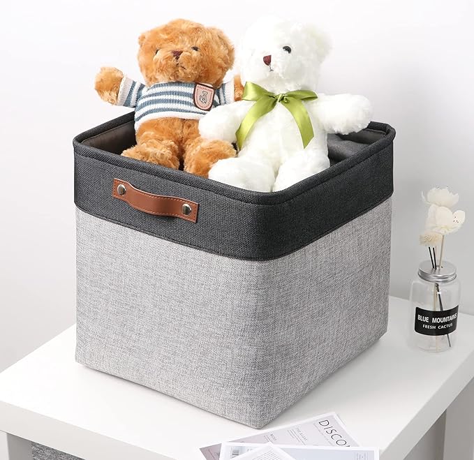 Temary Cube Storage Baskets 13 X 13 X 13 Fabric Storage Bins for Toys, Large Baskets Organization with Handles, Bins for Organizing Towels, Blankets, Collapsible Shelf Basket (Black&Gray)