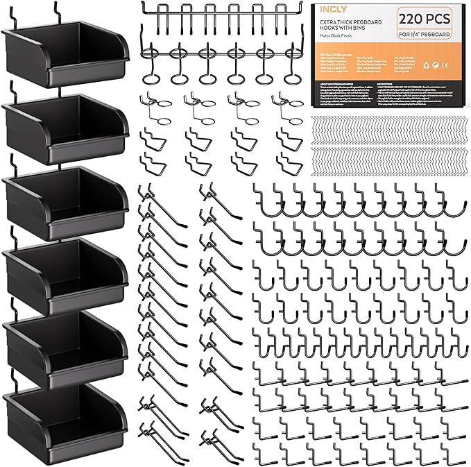 INCLY 220PCS Extra Thick 1/4" Pegboard Accessories Organizer Kit, Heavy Duty Black Pegboard Hooks with Bins and Peg Lock, Peg Board Hooks Assortment for Garage Wall Attachments Hanging Tools