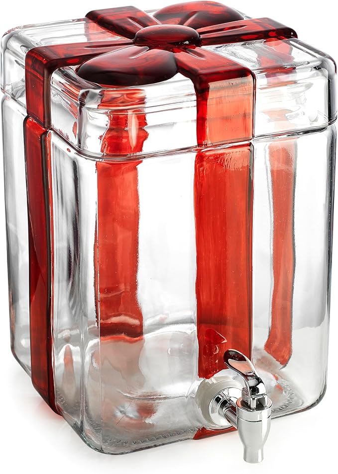 Gift Box Drink dispenser with Red Ribbon Design, Glass Beverage Dispenser For Christmas Party & decorations, Gift Ready Packaging With 100% Leakproof Spigot Perfect For Parties And Daily Use 1.5 GAL