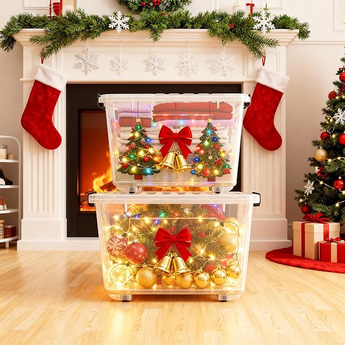 Nazhura 97 Quart Plastic Storage Bin, Stackable and Nestable Storage Boxes with Lids and Secure Latching Buckles, Large Storage Container (Clear, 97Quart-4Pack)