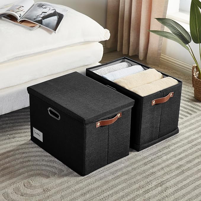 17" Large Collapsible Storage Bins with Lids, Stackable Closet Organizers with PU Handle and Labels, 3-Pack Decorative Fabric Storage Boxes for Home, Bedroom, Closet, Office, Nursery(Black)