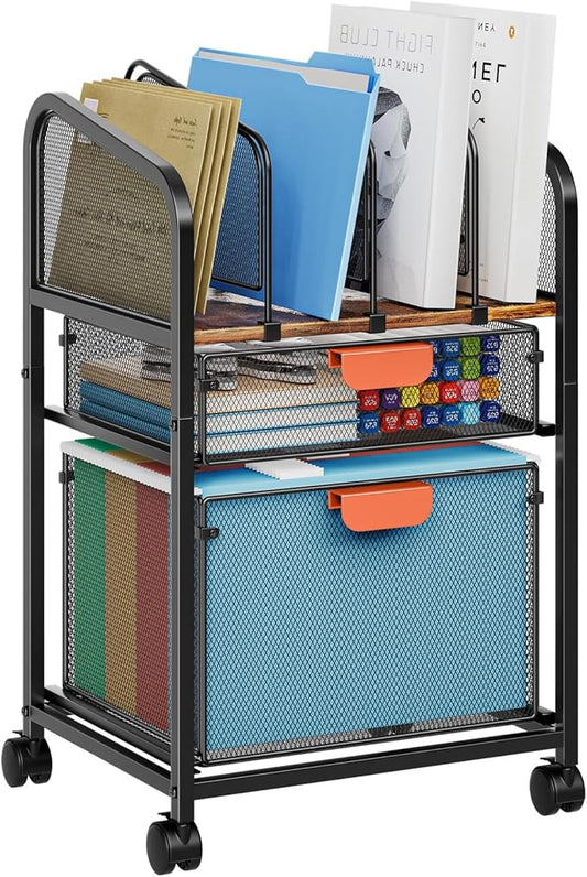 Marbrasse Rolling File Cart with Adjustable Dividers, Mobile File Cabinet on Lockable Wheels, Office Filing Cabinet Organizer, Hanging File Folder Organizer for Home Office - Dark Brown