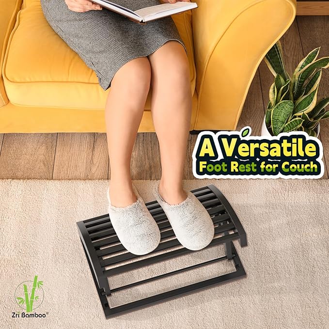 Foot Rest for Under Desk at Work - Adjustable Black Bamboo Footrest for Office and Couch