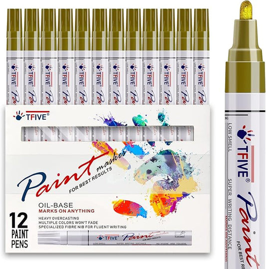 TFIVE Gold Paint Pens Markers - 12 Pack Oil Based Permanent Marker, Medium Tip, Never Fade, Quick Dry, Waterproof Paint Pen for Rocks Painting, Wood, Fabric, Plastic, Canvas, Glass, Metal