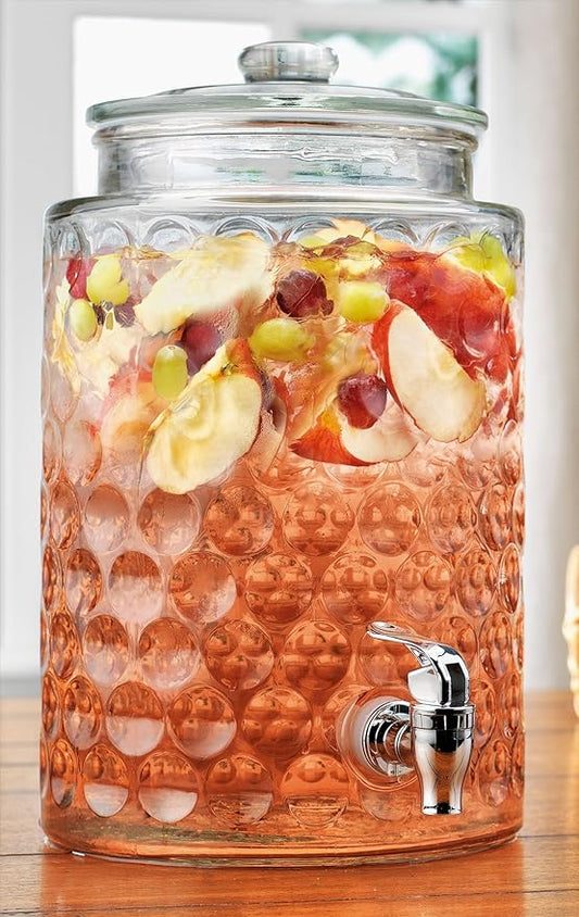 2 Gallon Beverage Serveware with Glass Lid - Elegant Bubble Pattern Design 100% Leakproof Glass Drink Dispenser for Parties with Spout,Beverage Dispenser for Water Juice Laundry