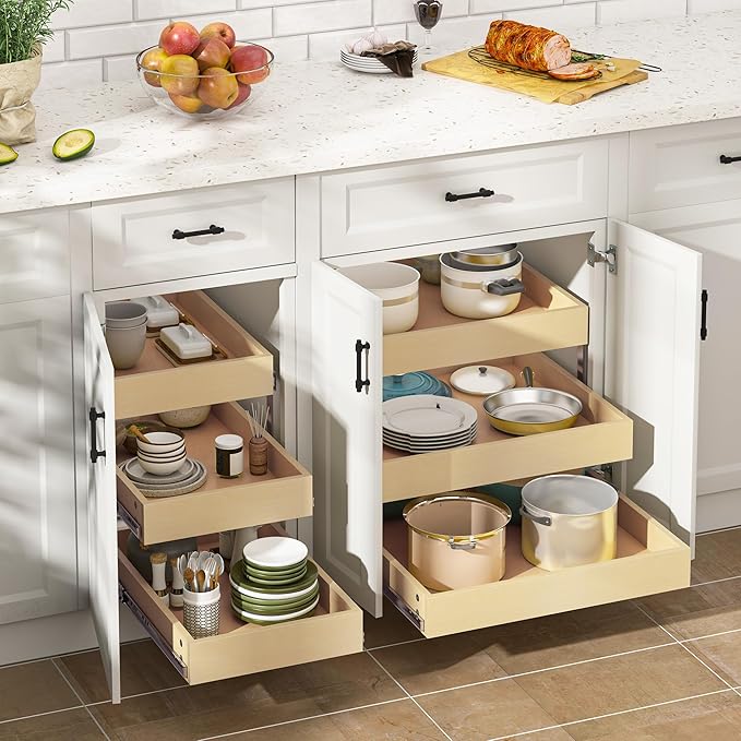 WelFurGeer 3-Tier Pull Out Cabinet Organizer with Soft Close, Heavy-Duty Slide Out Drawers for Cabinets, Pull Out Drawers for Cabinets, Bottom Mount Shelves for Kitchen, Pantry, Bathroom