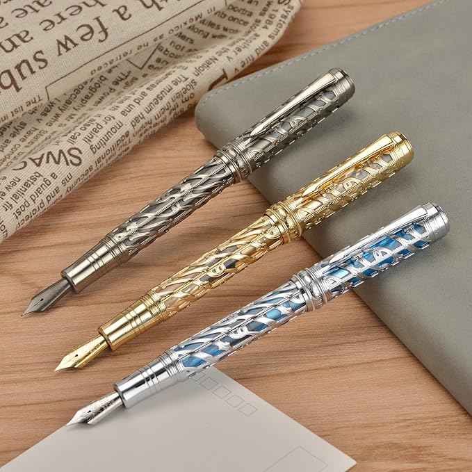 Hongdian A6 Piston Fountain Pen Fine Soft Nib, Golden Hollow Skeleton & Transparent Resin Pen with Metal Case Set