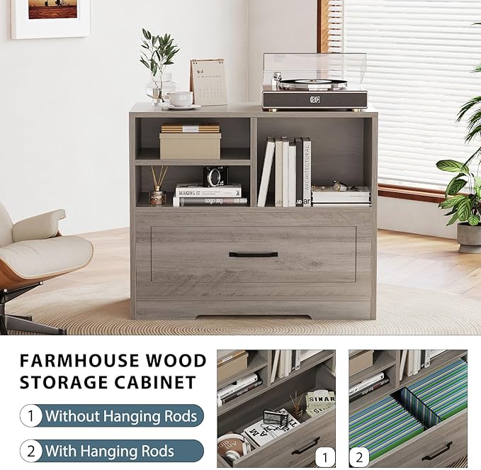 LVB Lateral Wood File Cabinet with Drawer, Farmhouse Printer Filing Cabinet with Storage for Legal Letter A4, Wooden Printer Stand with Hanging File Organizer Shelves for Home Office, 32.7 in, Greige