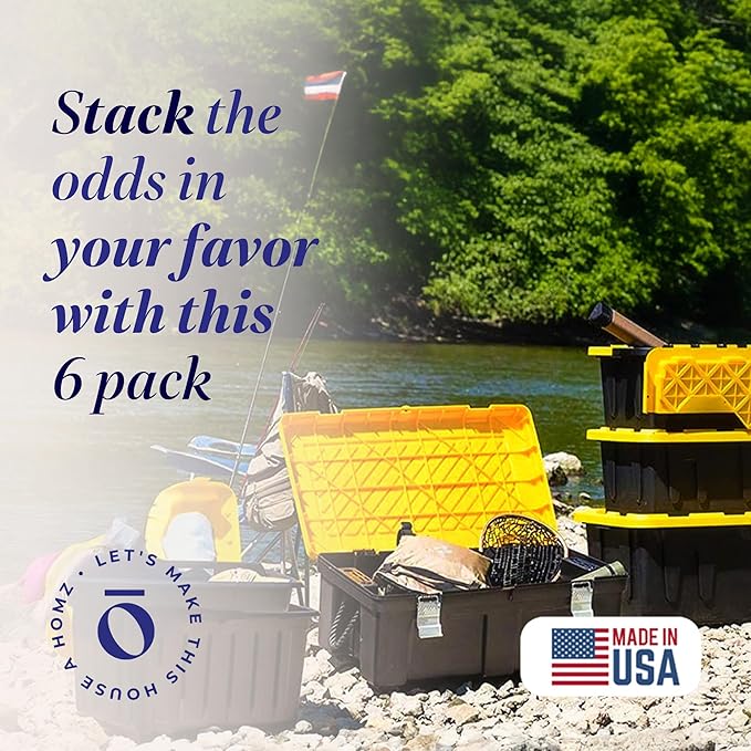 HOMZ 6-Pack Durabilt Tote, Heavy Duty Plastic Storage Bins with Lids, 15 Gallon, Black/Yellow - Stackable Organizing Containers for Home, Garage, and Office