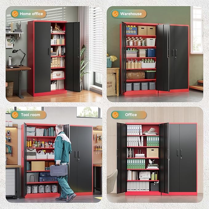 Letaya Metal Garage Storage Cabinets with Lock, 71" Tall Locker Organizer Steel Tool Cabinets,5 Adjustable Shelves 2 Doors for Home Office, Warehouse,Garage,Industrial,Employee (Black Red)
